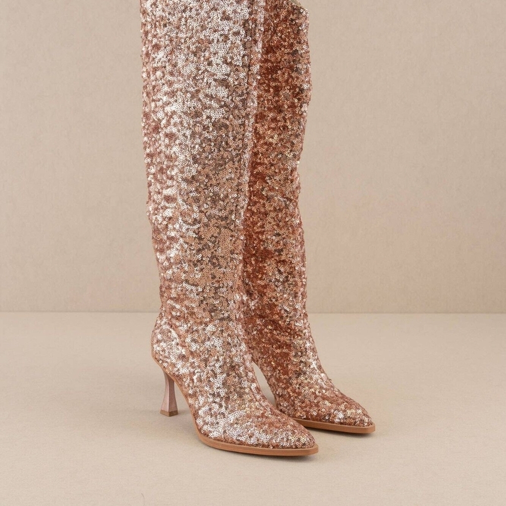 Knee-High Sequin Heeled Boots in Rose Gold - Picture 2 of 5